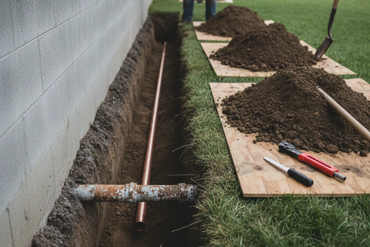 Excavated water line trench during Sewer Line Repair in Cave Spring